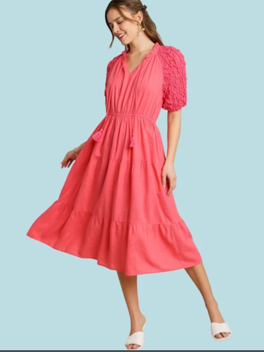 Umgee Coral Pink Smocked-Sleeve Tiered Midi Dress